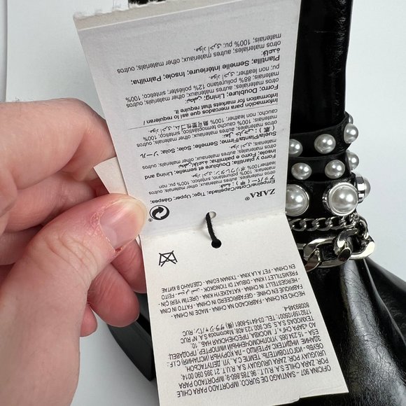 New Zara Short Heel Ankle Boots Pearl Beads Chains Leather Booties Combat Riding - Picture 6 of 14